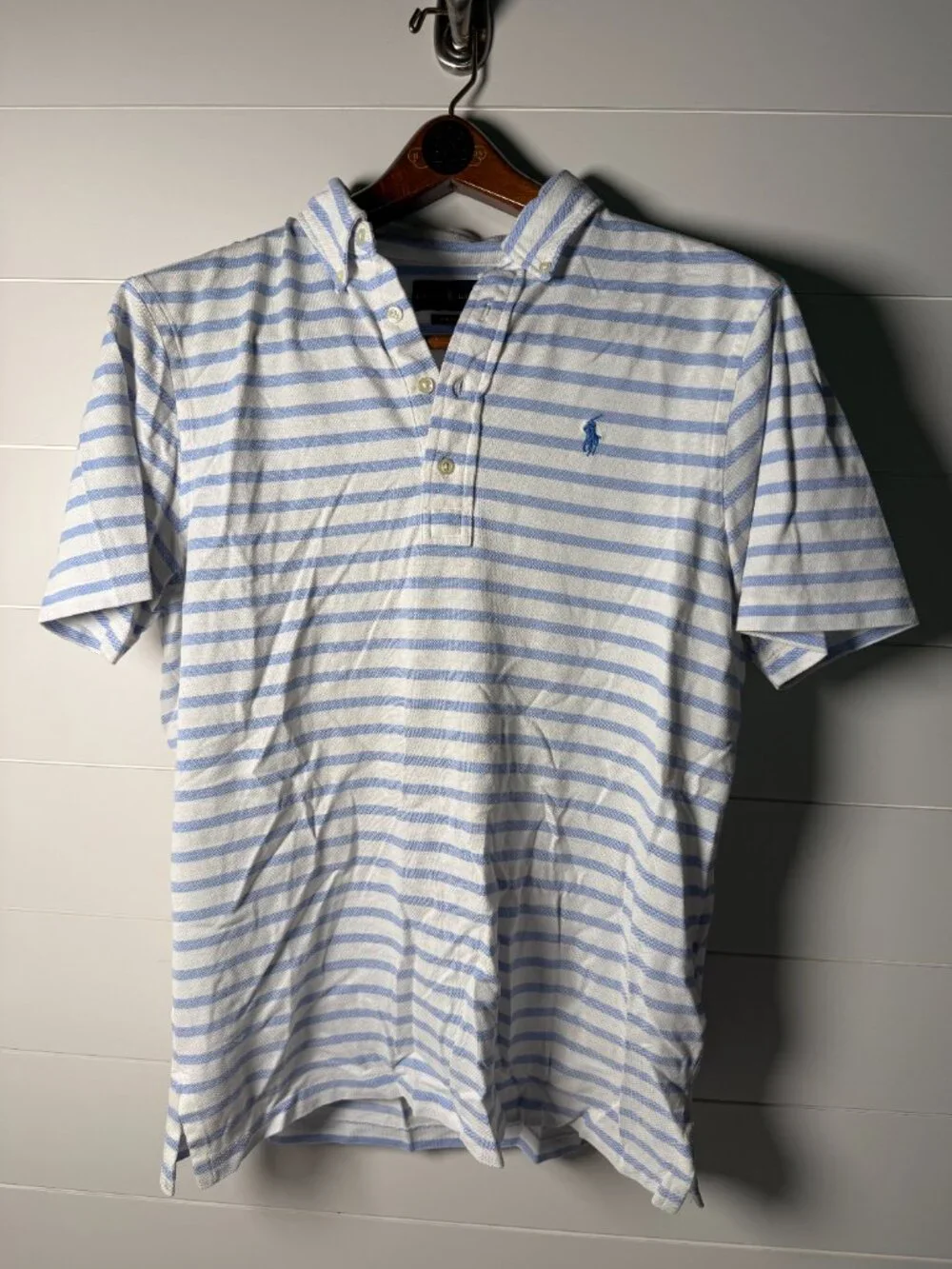 Ralph Lauren Knit Oxford Short Sleeve Polo Blue &n White Stripe 100% Cotton Sz L